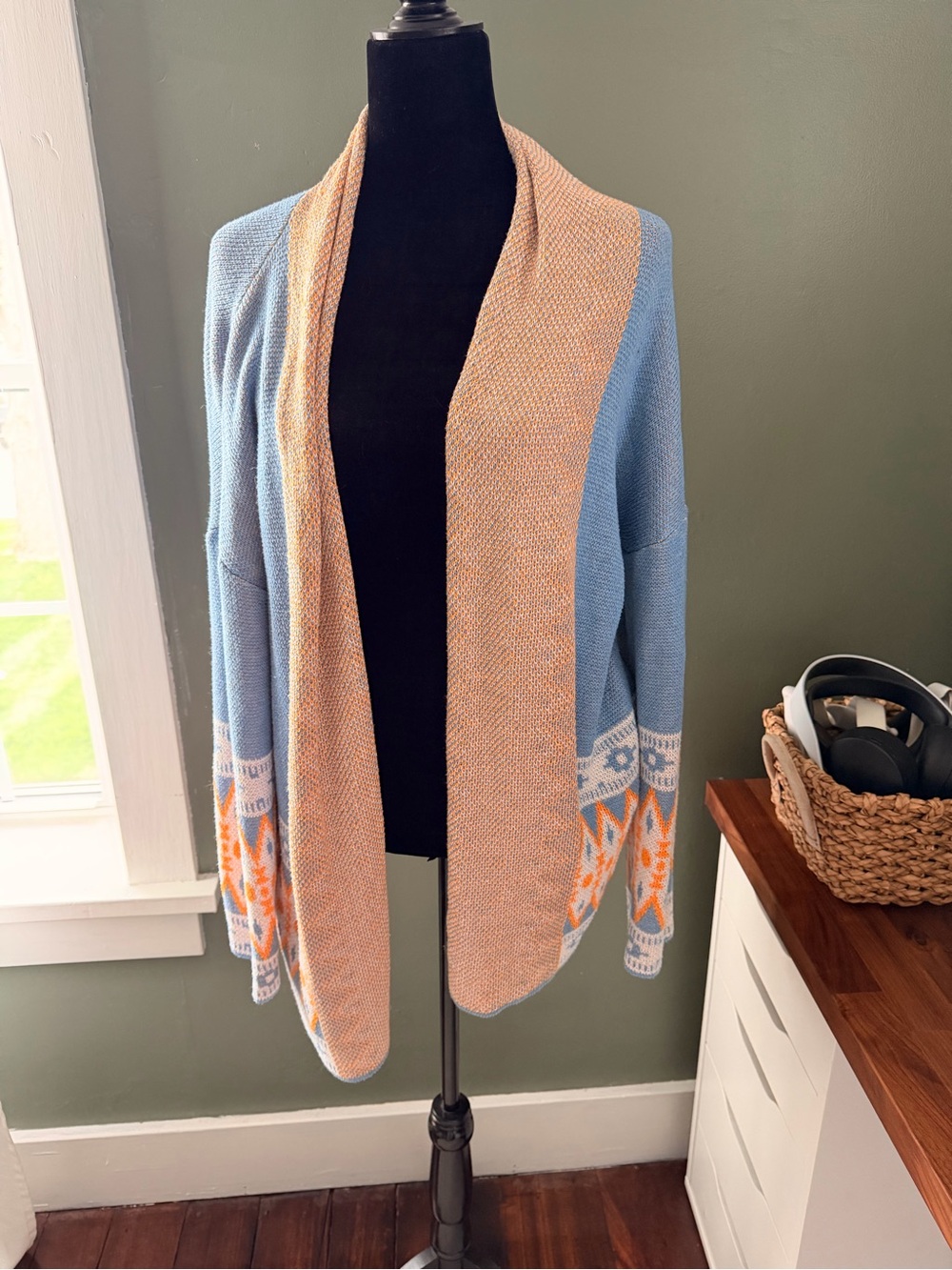 Light Blue and Peach Western Style Open-Front Women's Sweater Cardigan